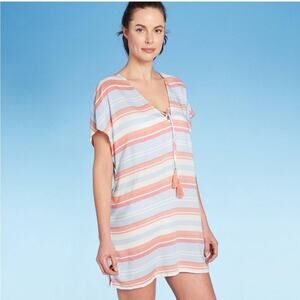 Kona Sol V-Neck Tunic Top Striped Rayon Tassel Tie Beach Coverup S